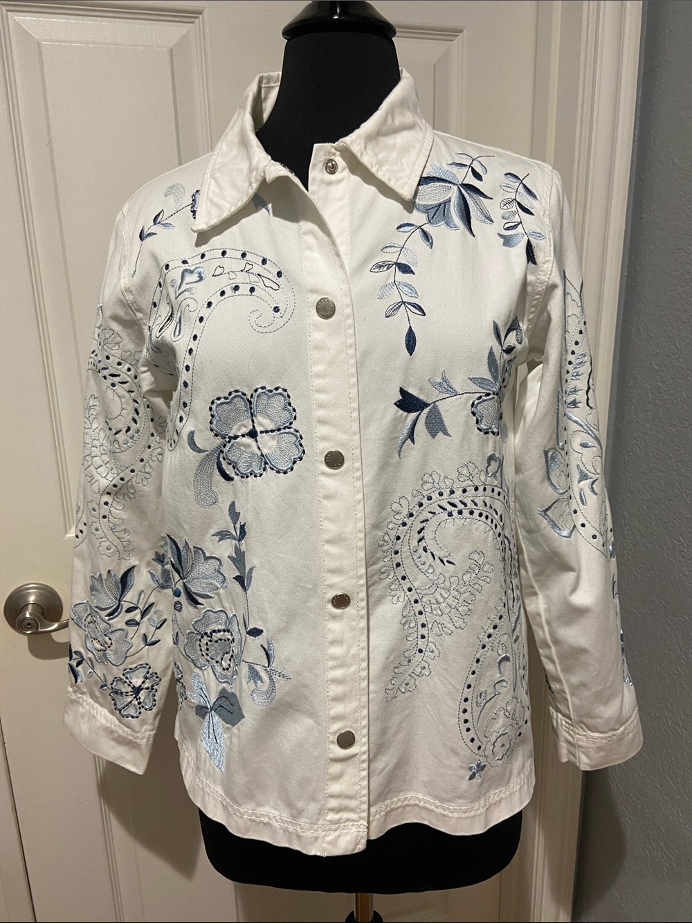 Susan Graver White Embroidered Floral Jacket with Blue Details